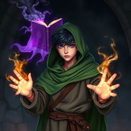 In a dark, medieval setting, a young adult mage with black hair is clad in a green hooded cloak and cloth clothing