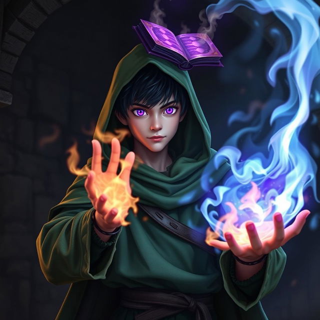 In a dark, medieval setting, a young adult mage with black hair is clad in a green hooded cloak and cloth clothing