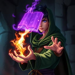 In a dark, medieval setting, a young adult mage with black hair is clad in a green hooded cloak and cloth clothing