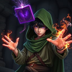 In a dark, medieval setting, a young adult mage with black hair is clad in a green hooded cloak and cloth clothing