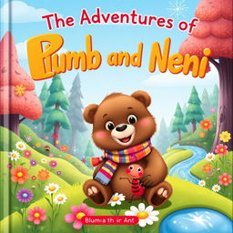 A vibrant and enchanting children's book cover featuring Blumb the Bear, a cute and friendly bear, and his best friend Neni the Ant