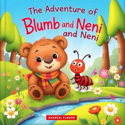 A vibrant and enchanting children's book cover featuring Blumb the Bear, a cute and friendly bear, and his best friend Neni the Ant