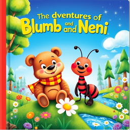 A vibrant and enchanting children's book cover featuring Blumb the Bear, a cute and friendly bear, and his best friend Neni the Ant