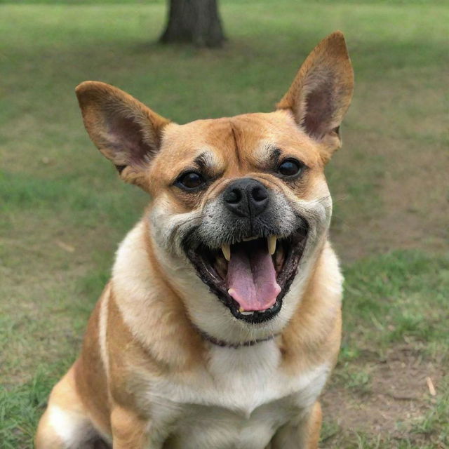 The same dog, now distinctly angry with ears flat against the head, teeth fully bared, and growling menacingly in the park.