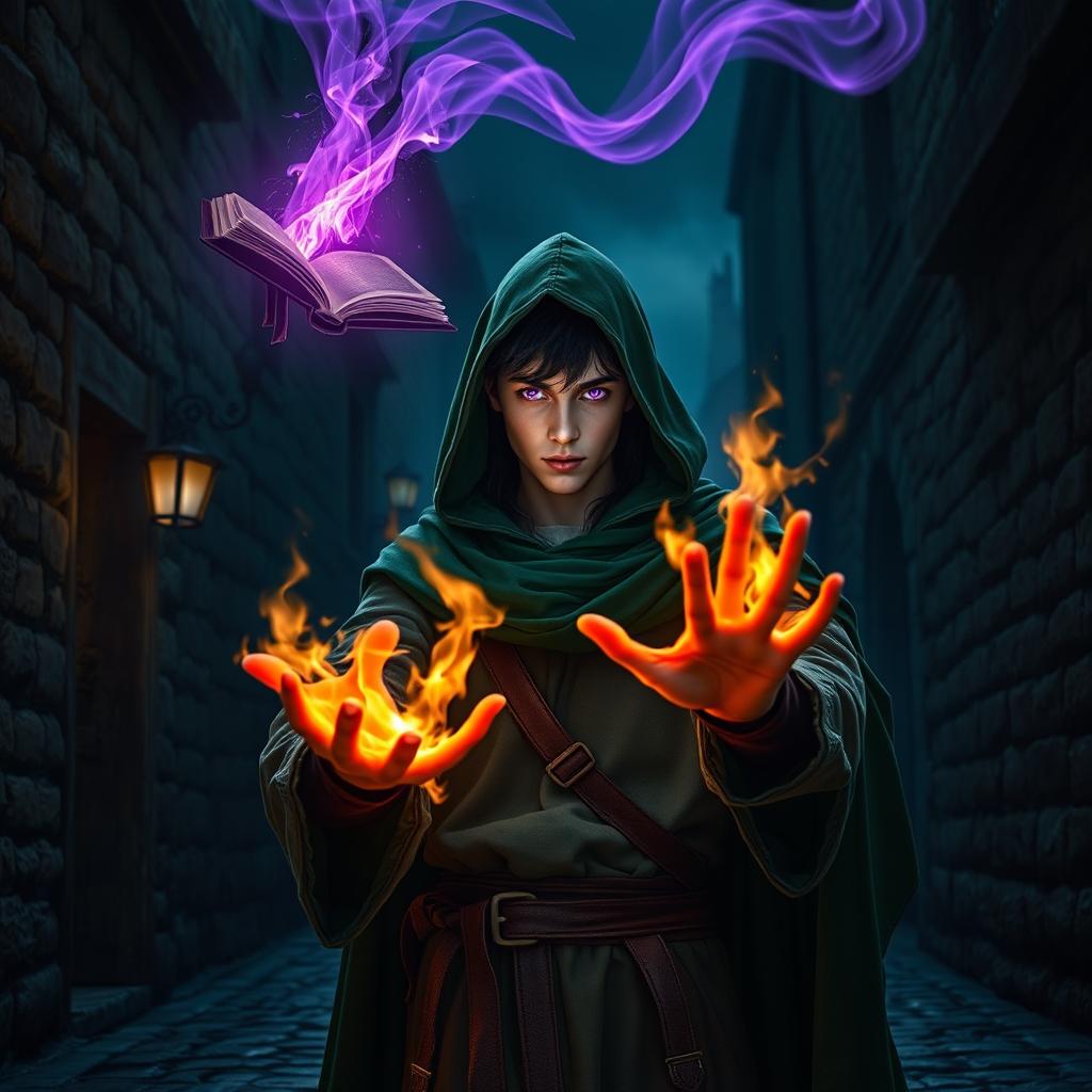 In a dark, cobblestone medieval street at night, a young adult male mage with black hair is dressed in a green hooded cloak and cloth clothing