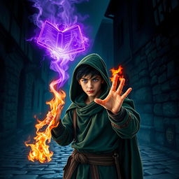 In a dark, cobblestone medieval street at night, a young adult male mage with black hair is dressed in a green hooded cloak and cloth clothing