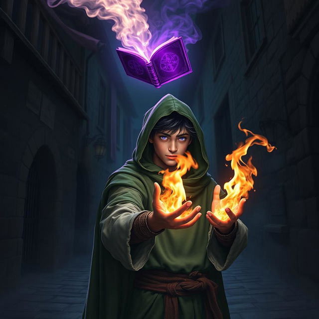 In a dark, cobblestone medieval street at night, a young adult male mage with black hair is dressed in a green hooded cloak and cloth clothing