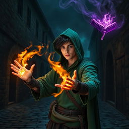 In a dark, cobblestone medieval street at night, a young adult male mage with black hair is dressed in a green hooded cloak and cloth clothing