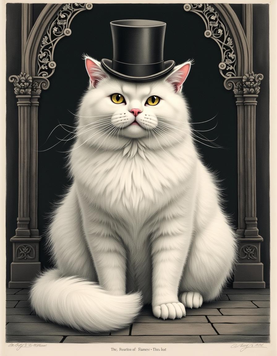 A lithograph-style illustration of an overweight fluffy white flame point cat, exuding an aristocratic aura