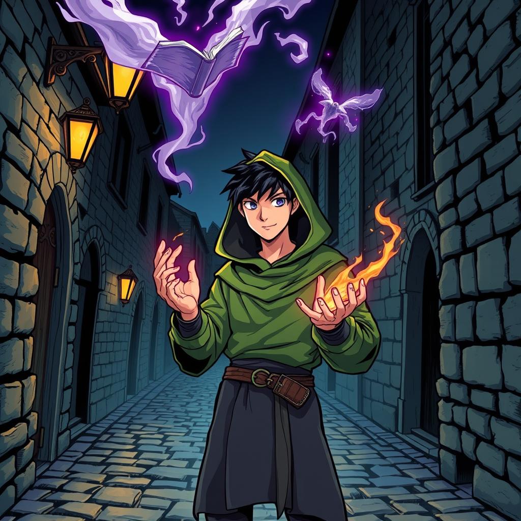 In a dark cobblestone medieval street at night, a young adult male mage with black hair is adorned in a green hooded cloak and cloth clothing