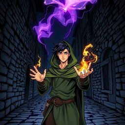 In a dark cobblestone medieval street at night, a young adult male mage with black hair is adorned in a green hooded cloak and cloth clothing