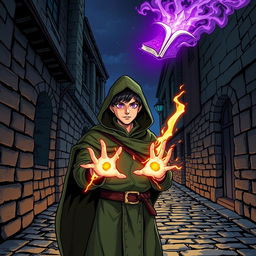 In a dark cobblestone medieval street at night, a young adult male mage with black hair is adorned in a green hooded cloak and cloth clothing