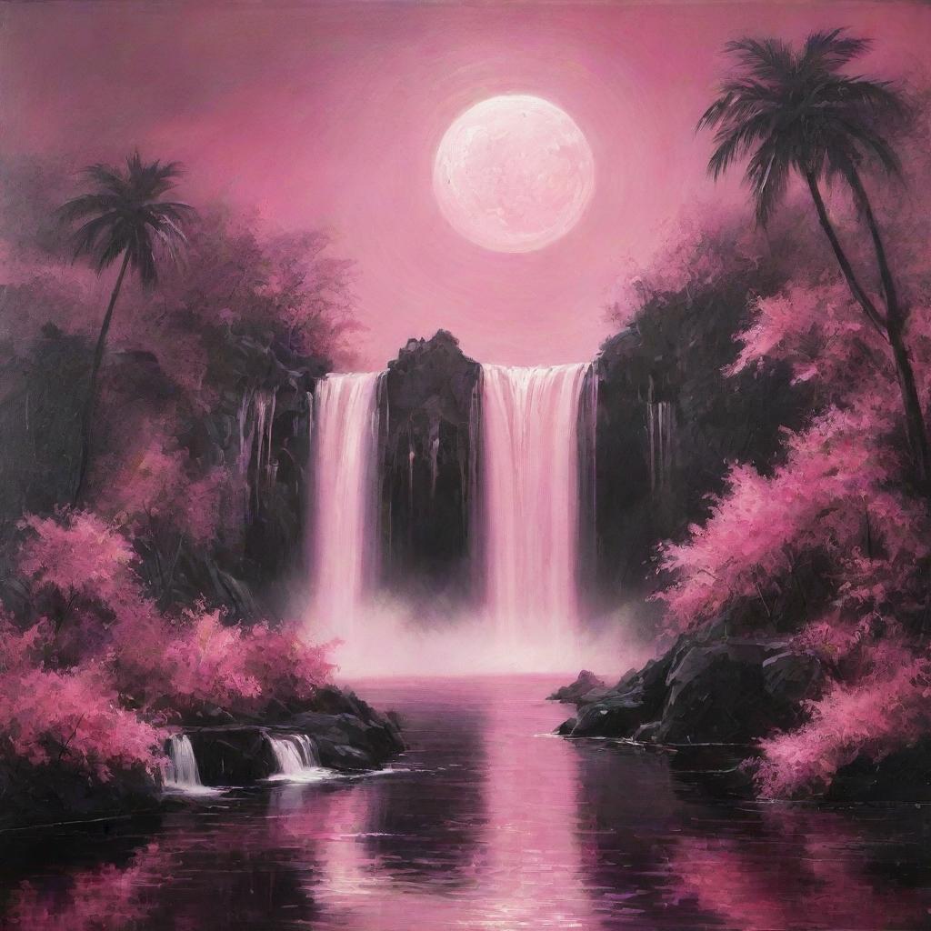 Switch the scene to nighttime, enveloping the heart-filled paradise in a dreamy pink shade, with moonlight reflecting off the tranquil waterfalls and the sky painted in deep tones of pink and black.