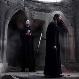 Lord Voldemort, recognizable by his chalk white skin, slit-like nostrils, and piercing red eyes; clothed in a high-collared black robe, holding an yew wood wand, accompanied by Nagini in the ruins of a stone building.