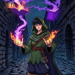 In a dark cobblestone medieval street at night, a young adult male mage with black hair is adorned in a green hooded cloak and cloth clothing