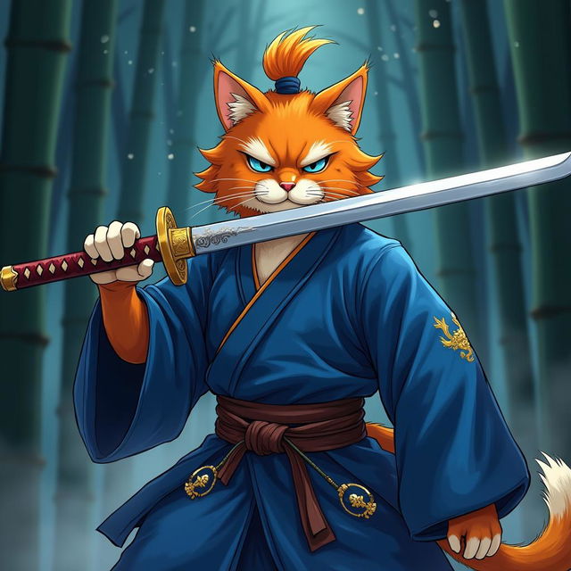 Demon Slayer style anime Samurai Cat-man, showcasing vibrant orange tabby fur, dressed in a flowing blue kimono