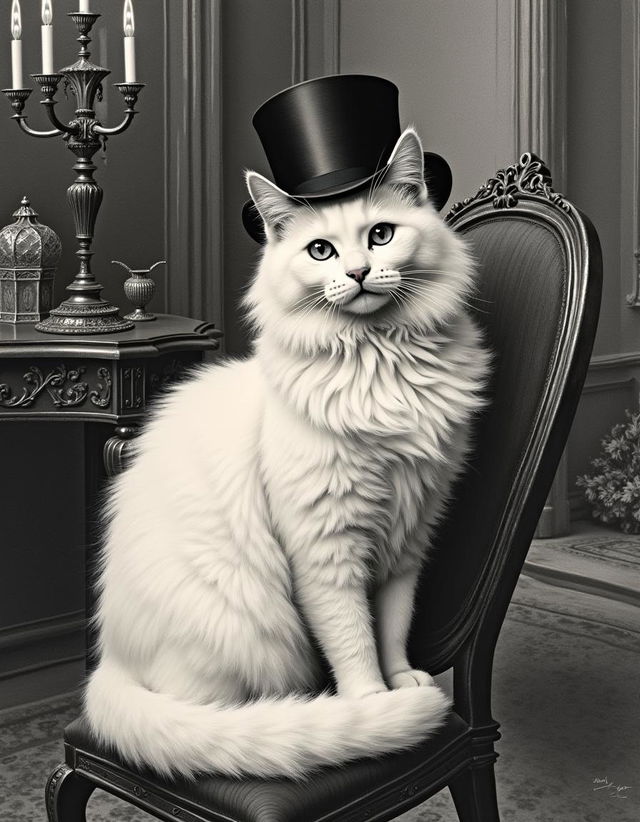 An authentic lithograph artwork depicting a fluffy white flame point cat wearing a black top hat, sitting elegantly in a lavish 19th-century parlor