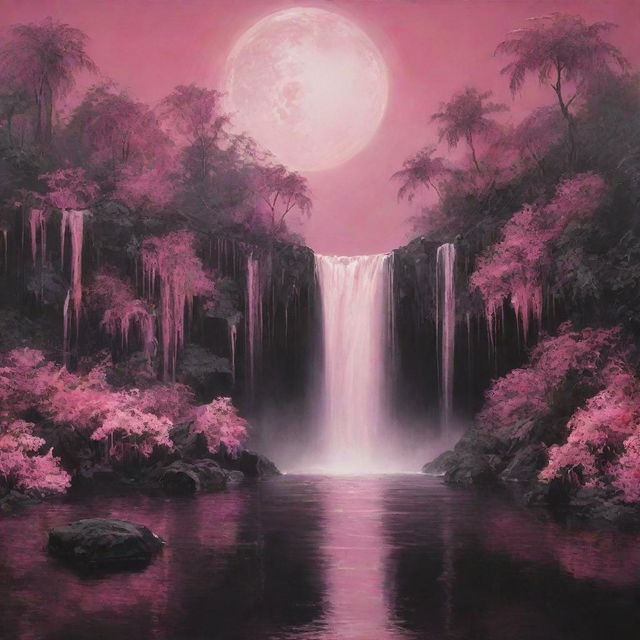 Switch the scene to nighttime, enveloping the heart-filled paradise in a dreamy pink shade, with moonlight reflecting off the tranquil waterfalls and the sky painted in deep tones of pink and black.