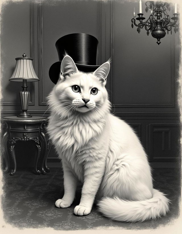 An etching of an elegant, fluffy white flame point cat with an aristocratic demeanor, wearing a black top hat