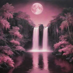 Switch the scene to nighttime, enveloping the heart-filled paradise in a dreamy pink shade, with moonlight reflecting off the tranquil waterfalls and the sky painted in deep tones of pink and black.