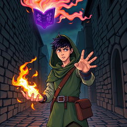 In a dark cobblestone medieval street at night, a young adult male mage with black hair is wearing a green hooded cloak, cloth clothing, and a brown satchel bag