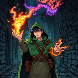 In a dark cobblestone medieval street at night, a young adult male mage with black hair is wearing a green hooded cloak, cloth clothing, and a brown satchel bag