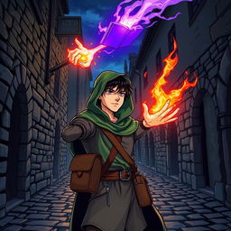 In a dark cobblestone medieval street at night, a young adult male mage with black hair is wearing a green hooded cloak, cloth clothing, and a brown satchel bag