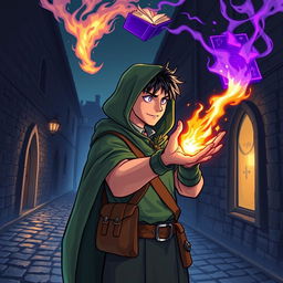 In a dark cobblestone medieval street at night, a young adult male mage with black hair is wearing a green hooded cloak, cloth clothing, and a brown satchel bag