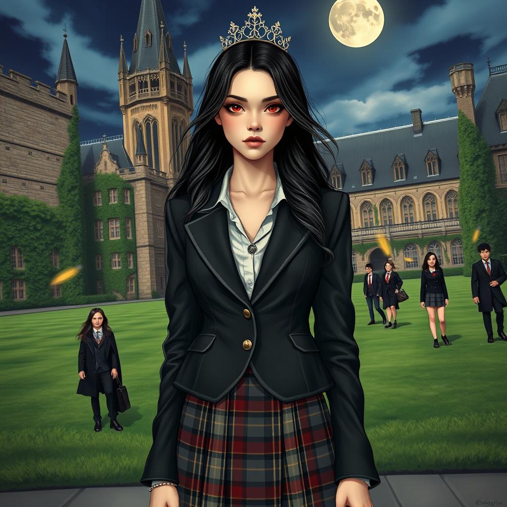 An imaginative scene featuring a modern teenage vampire princess attending a prestigious boarding school