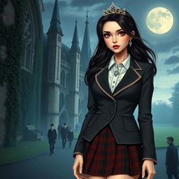 An imaginative scene featuring a modern teenage vampire princess attending a prestigious boarding school