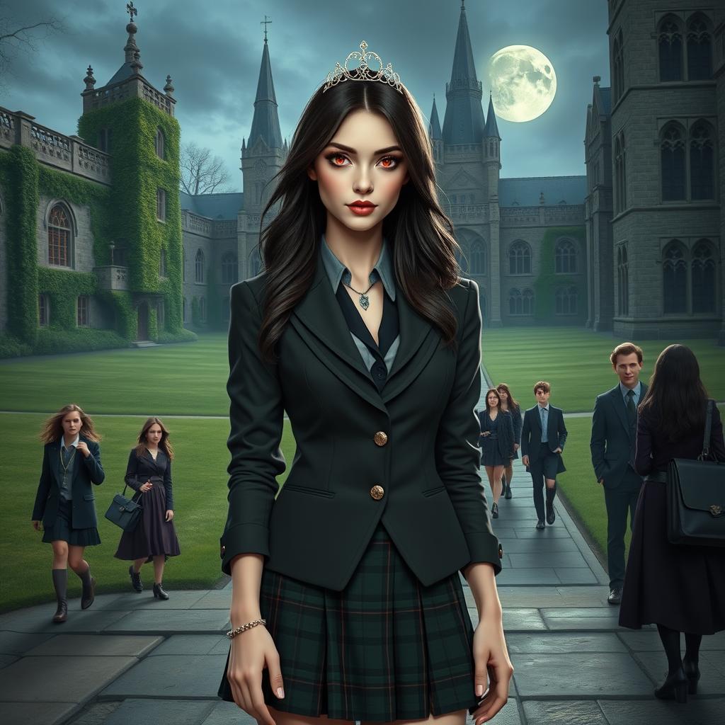 An imaginative scene featuring a modern teenage vampire princess attending a prestigious boarding school