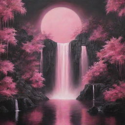 Switch the scene to nighttime, enveloping the heart-filled paradise in a dreamy pink shade, with moonlight reflecting off the tranquil waterfalls and the sky painted in deep tones of pink and black.