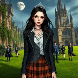 An imaginative scene featuring a modern teenage vampire princess attending a prestigious boarding school