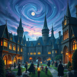 An enchanting scene set at a supernatural boarding school, filled with a diverse array of magical beings