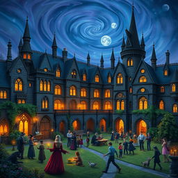 An enchanting scene set at a supernatural boarding school, filled with a diverse array of magical beings