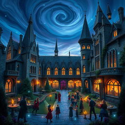 An enchanting scene set at a supernatural boarding school, filled with a diverse array of magical beings