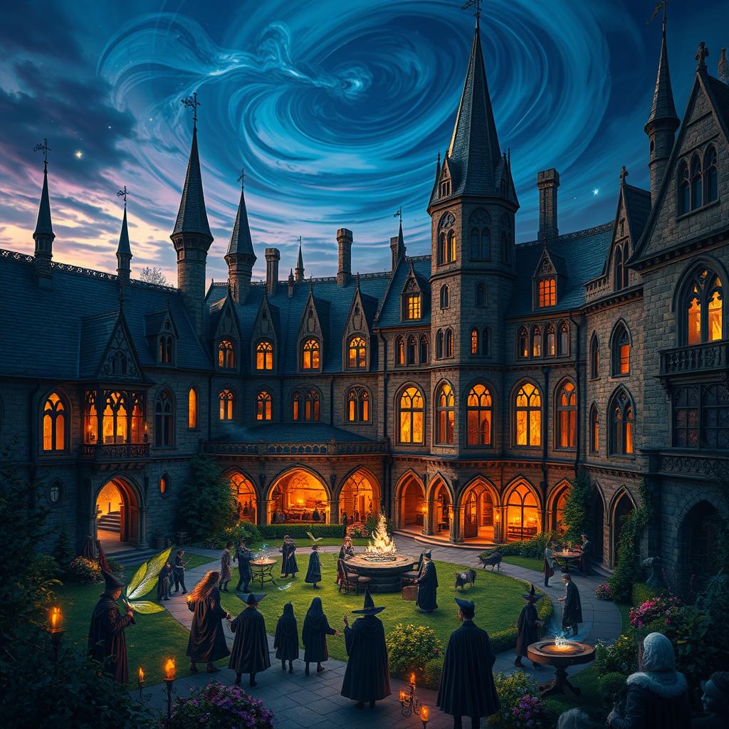 An enchanting scene set at a supernatural boarding school, filled with a diverse array of magical beings