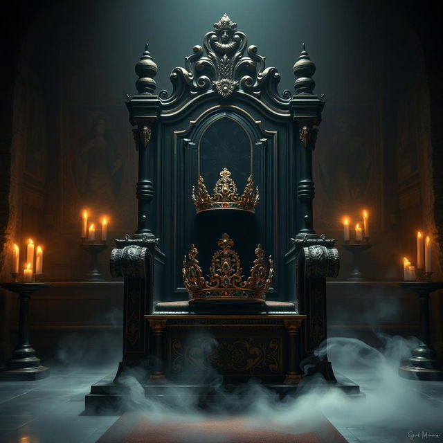 A stunning and atmospheric depiction of a grand, vacant throne with an ornate crown resting upon it