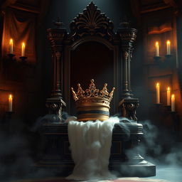 A stunning and atmospheric depiction of a grand, vacant throne with an ornate crown resting upon it