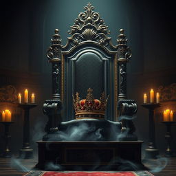 A stunning and atmospheric depiction of a grand, vacant throne with an ornate crown resting upon it