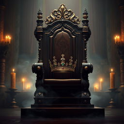 A stunning and atmospheric depiction of a grand, vacant throne with an ornate crown resting upon it