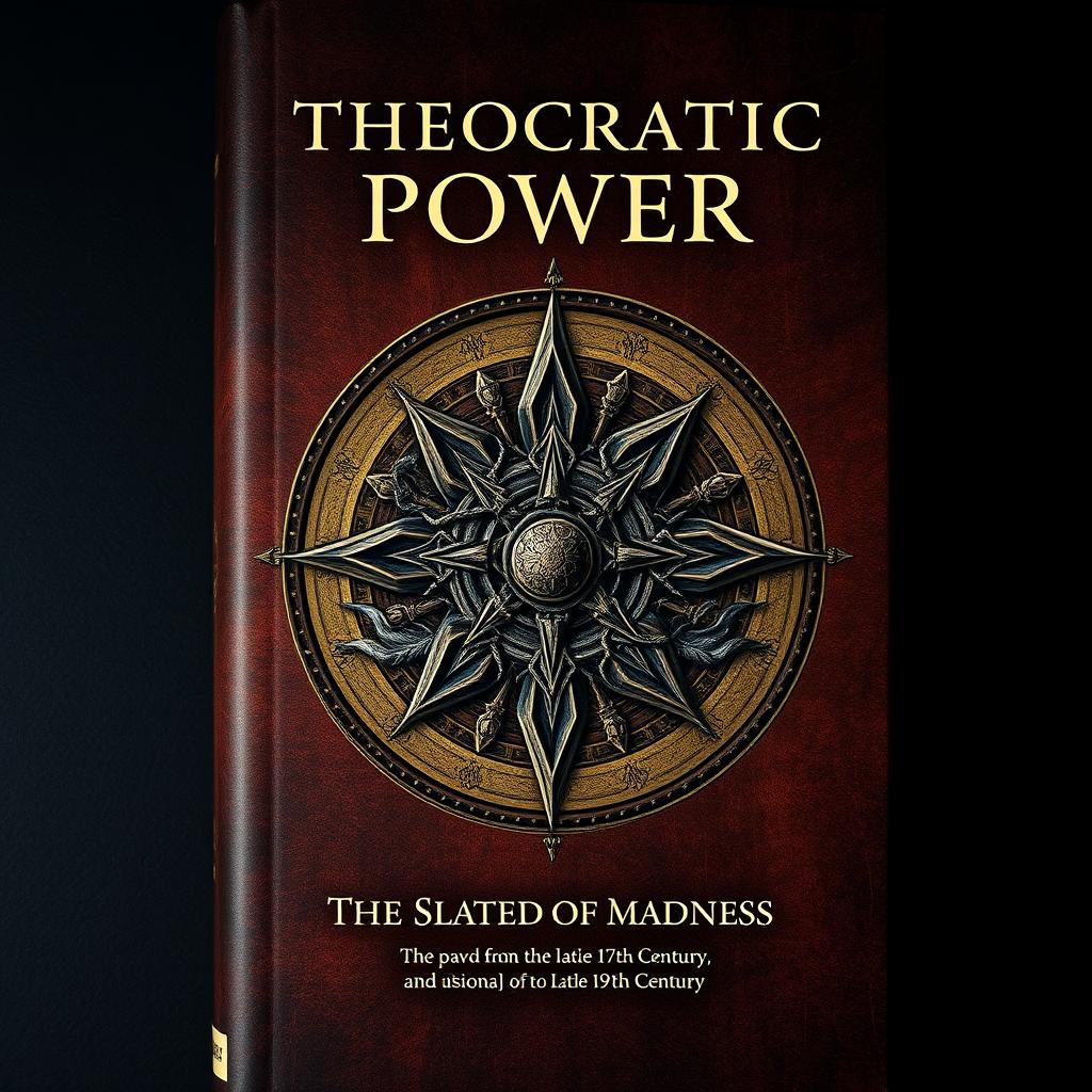 A4 book cover design featuring an intricate and detailed illustration of a Theocratic Power symbol, representing divine authority and governance, alongside a symbol of Madness from the late 17th century, characterized by abstract and chaotic elements