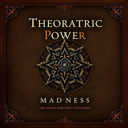 A4 book cover design featuring an intricate and detailed illustration of a Theocratic Power symbol, representing divine authority and governance, alongside a symbol of Madness from the late 17th century, characterized by abstract and chaotic elements