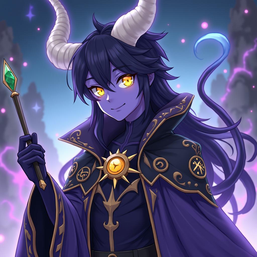 An anime character with purple skin, featuring neck-long black hair and captivating yellow fiendish eyes