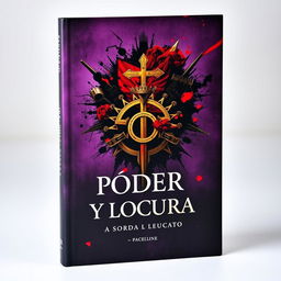 A captivating book cover for 'Poder y Locura', featuring an emblematic representation of power and madness