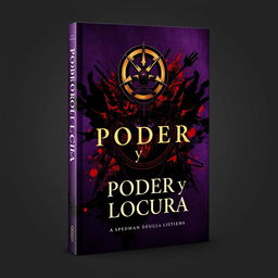 A captivating book cover for 'Poder y Locura', featuring an emblematic representation of power and madness