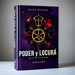 A captivating book cover for 'Poder y Locura', featuring an emblematic representation of power and madness