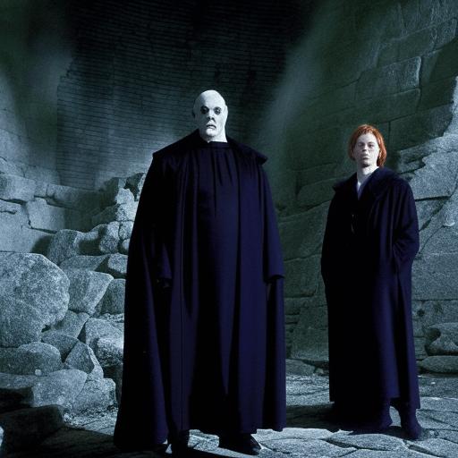 Lord Voldemort, recognizable by his chalk white skin, slit-like nostrils, and piercing red eyes; clothed in a high-collared black robe, holding an yew wood wand, accompanied by Nagini in the ruins of a stone building.