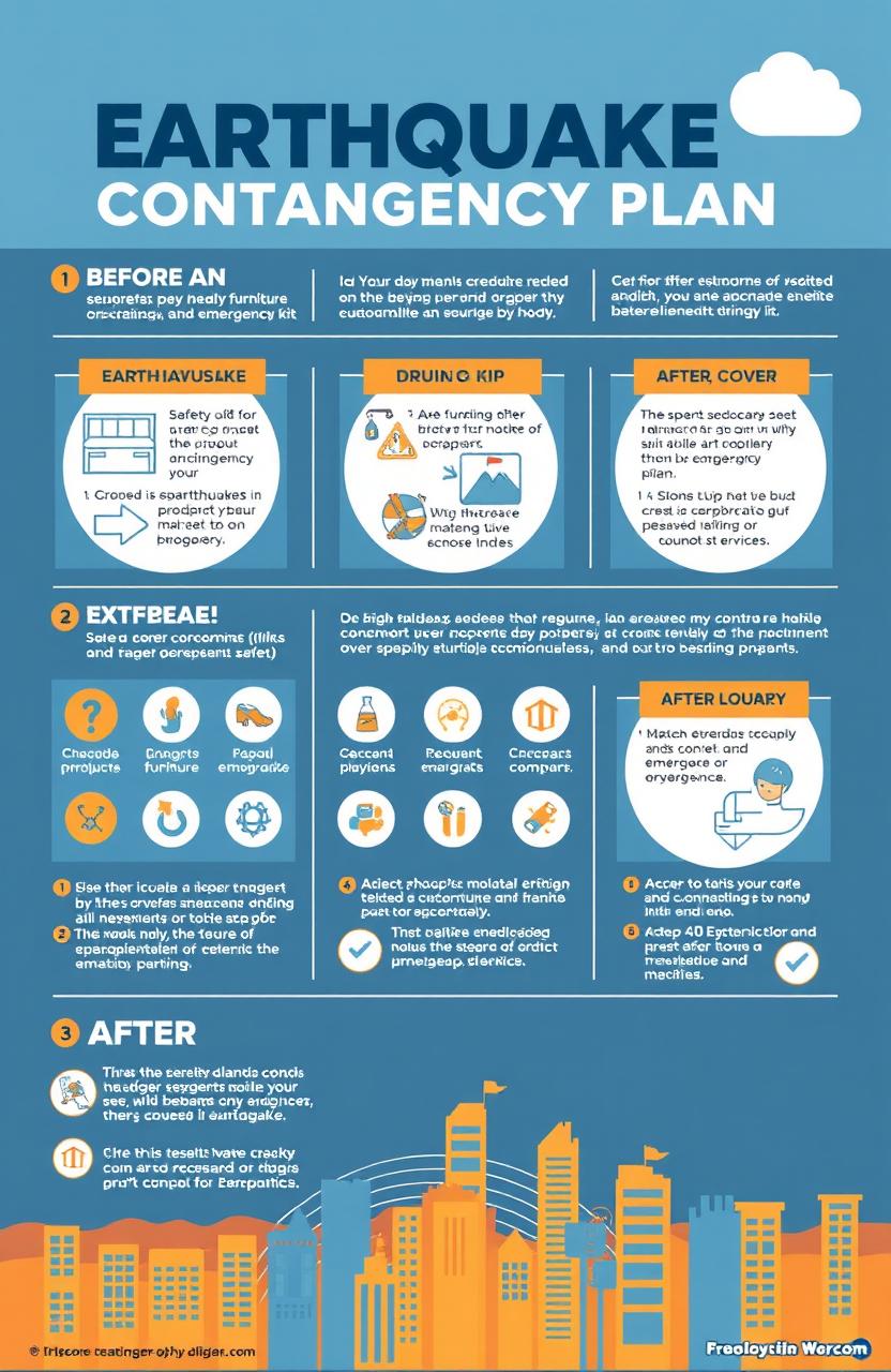 A detailed and visually appealing infographic depicting an earthquake contingency plan