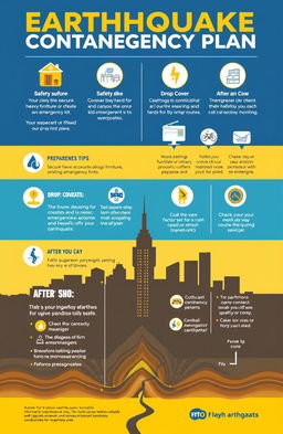 A detailed and visually appealing infographic depicting an earthquake contingency plan